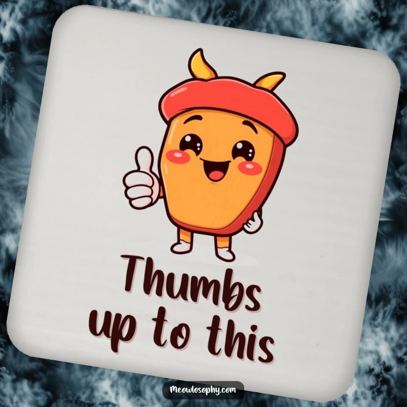 Funny kawaii fajita ingredient giving a thumbs-up with a cheesy grin, protecting surfaces with this humorous drink coaster.