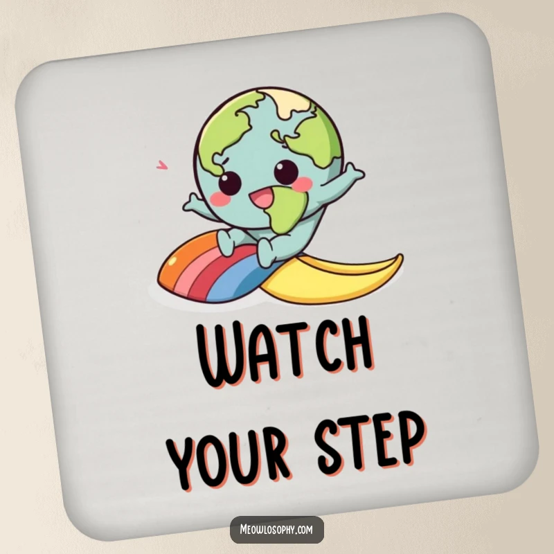 Funny drink coaster featuring a kawaii earth character comically slipping on a rainbow banana peel, ideal for humorous decor.