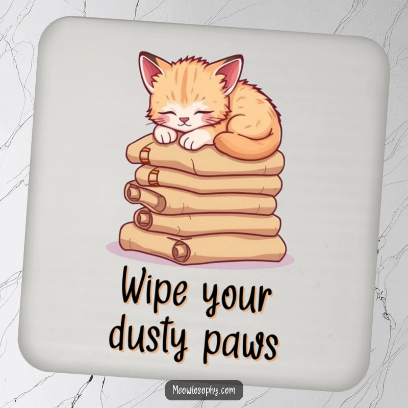Funny sleepy kitten drink coaster, featuring a cute cat napping on ancient scrolls, offering table protection with humorous wisdom.