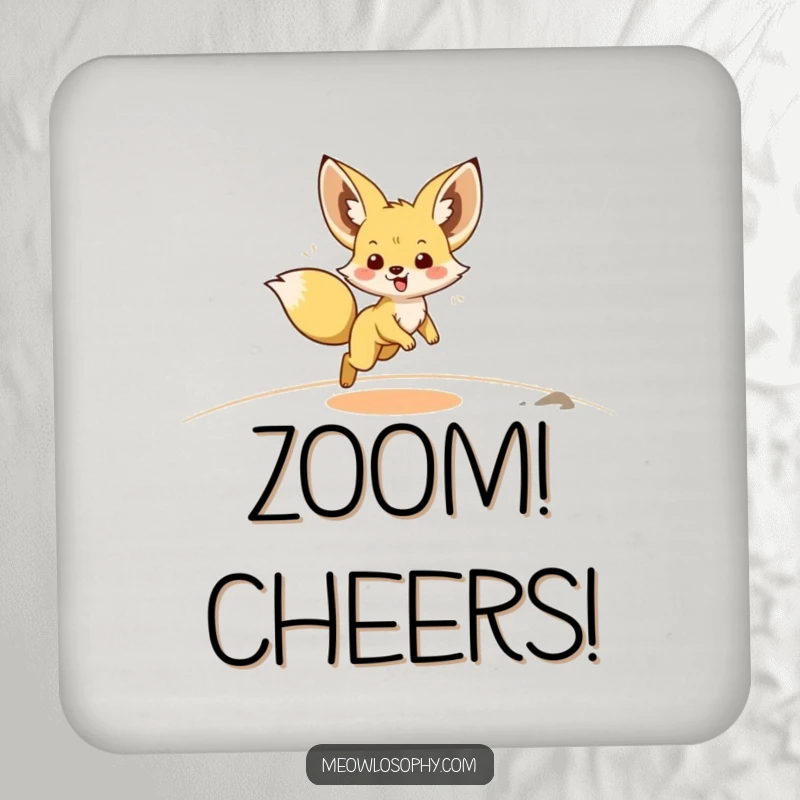 Funny Fennec Fox Coaster shows a cute fox with ears back, mid-zoomie across sand, protecting surfaces with lively charm.