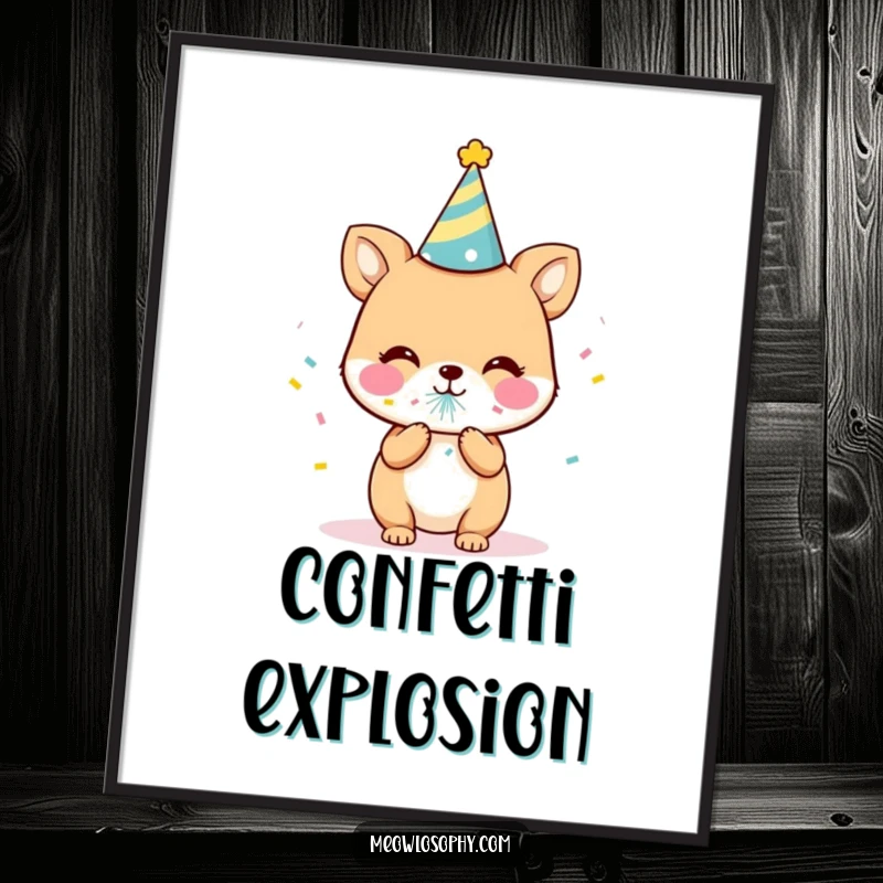 Funny Party Animal Poster showing a cute character in a party hat, releasing confetti. Humorous wall art, perfect as a funny gift.