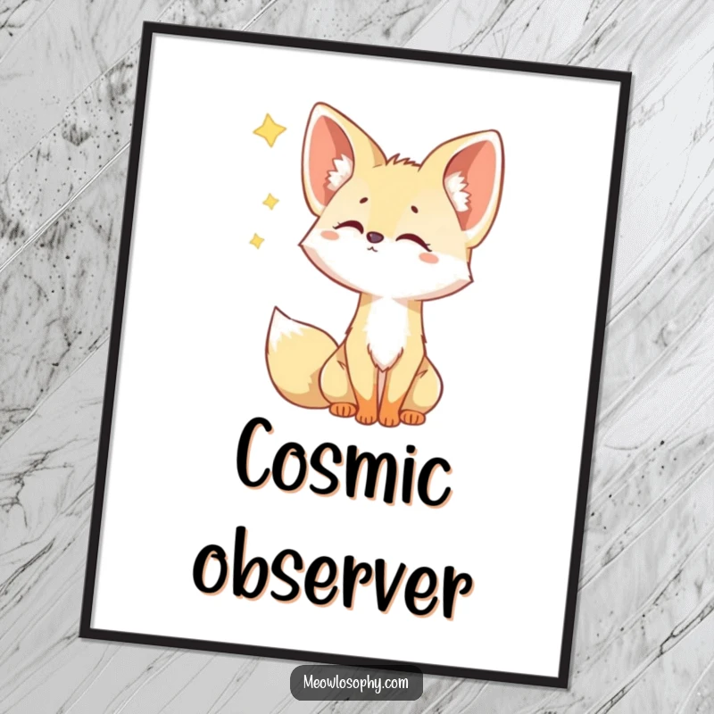 Funny Fennec Fox Poster depicts a cute fox with large ears cocked, gazing intently with curiosity at a bright falling star against a dark sky.