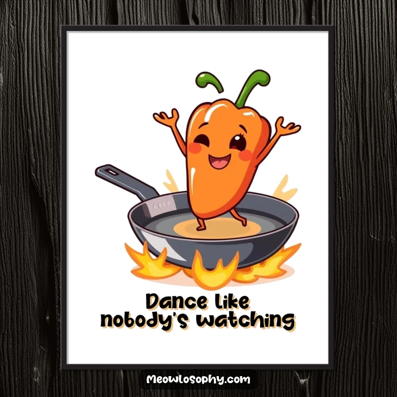 Funny grilled pepper character smiling and dancing playfully on a sizzling skillet, displayed as a vibrant, humorous poster.