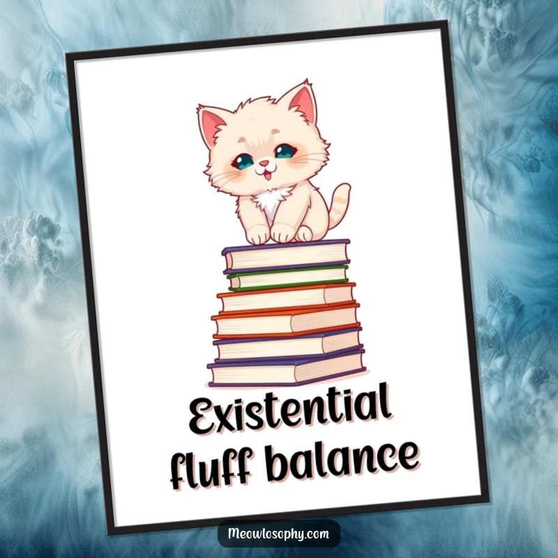Funny fluffy kitten poster, showing a kitten balancing on philosophy books, capturing precarious thought and feline charm.