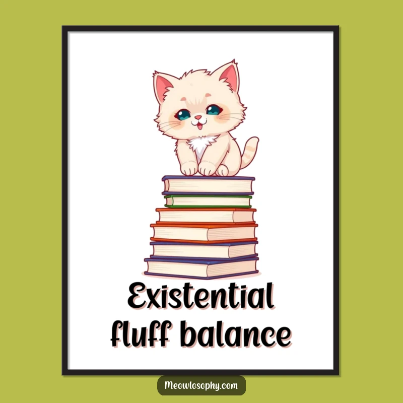 Funny Fluffy Kitten Poster: Philosophy Book Balance Art, Intellectual Decor