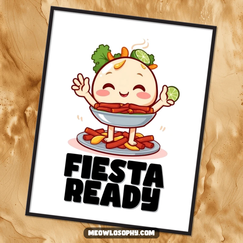 Funny Fajita Platter Poster displaying a cheerful food character with two tiny lime wedges waving, adding a humorous touch to wall decor.