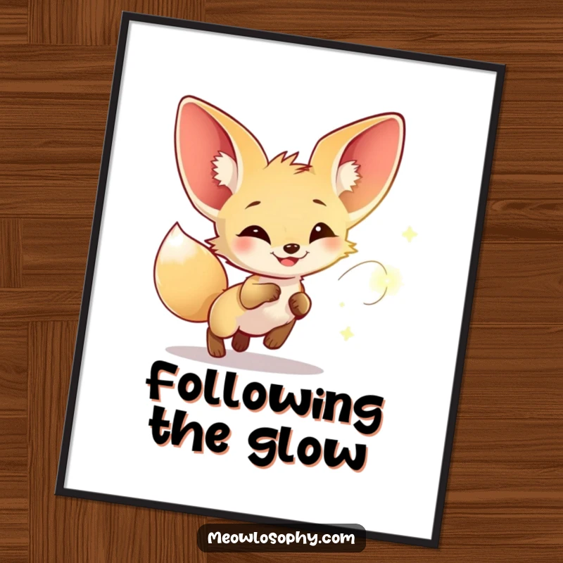 Funny poster print of a fennec fox with large ears joyfully chasing a glowing firefly, evoking enchantment and whimsical decor.
