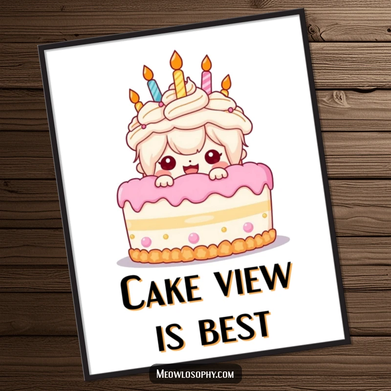 Funny Birthday Cake Poster: A kawaii character with gleeful eyes peeks excitedly from behind a large, decorated birthday cake.