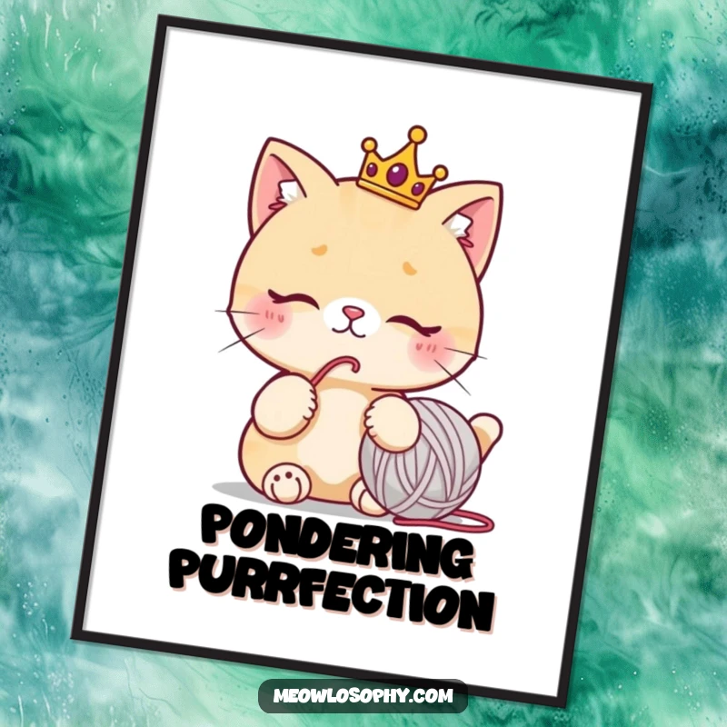 Funny cat poster featuring a cute character wearing a tiny crown, thoughtfully staring at a yarn ball, humorous wall art.