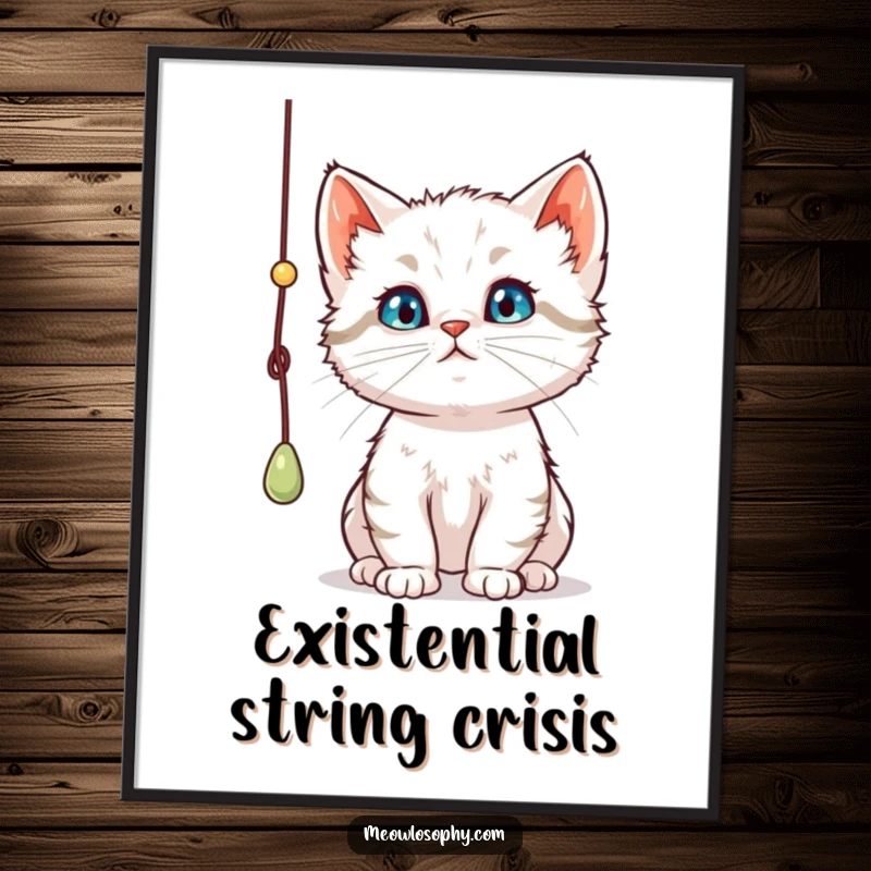 Funny curious kitten poster, a thoughtful cat intently batting a dangling string, capturing pure playful focus and adorable innocence.