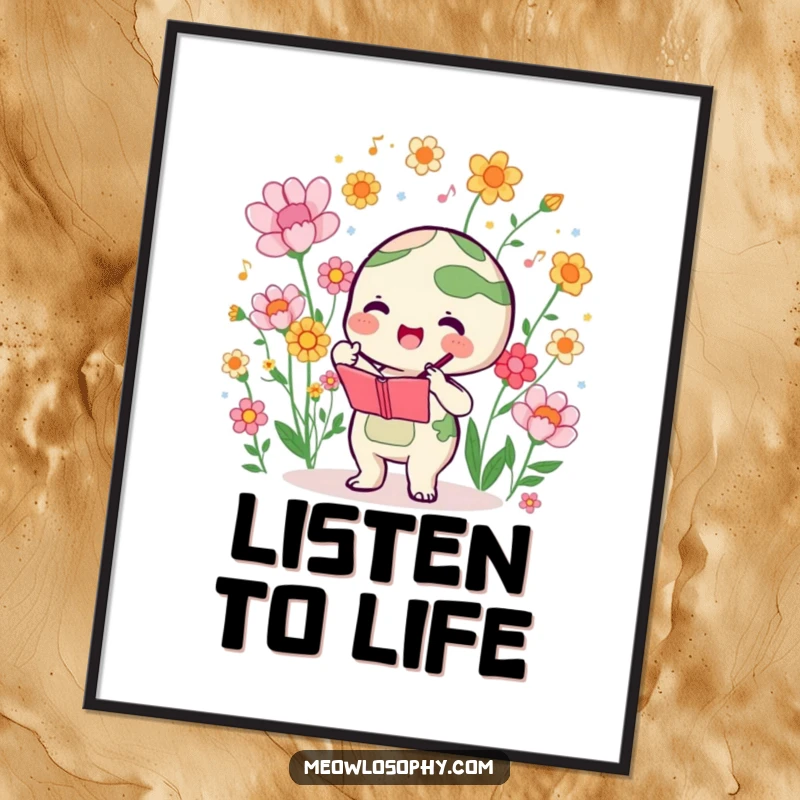 Funny poster art of a cute earth character enthusiastically conducting a symphony of blooming flowers, perfect for artistic decor.