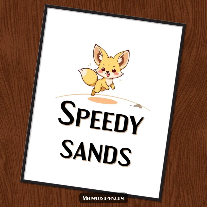 Funny Fennec Fox Poster depicts an adorable fox with ears streamlined back, a blur of happy motion across a sandy desert landscape.