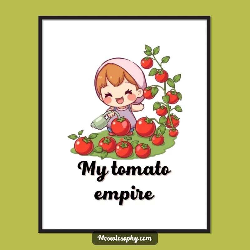 Funny Garden Art Poster: Hilarious Tomato Watering Scene for Walls
