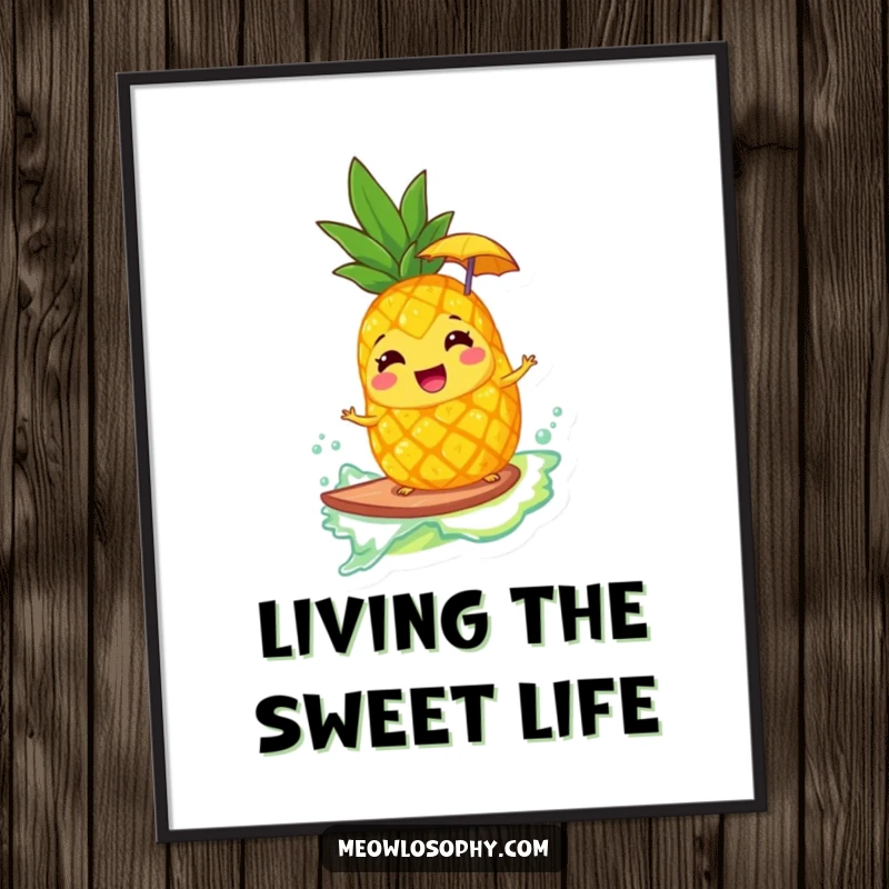 Funny poster depicting a giggling pineapple with an umbrella surfing a lemonade wave, a cheerful and vibrant tropical art piece.