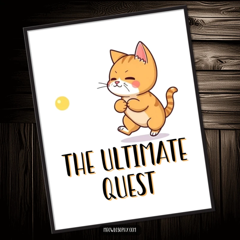 Funny poster featuring a ginger cat enthusiastically chasing a laser pointer dot shaped like a philosophical symbol.