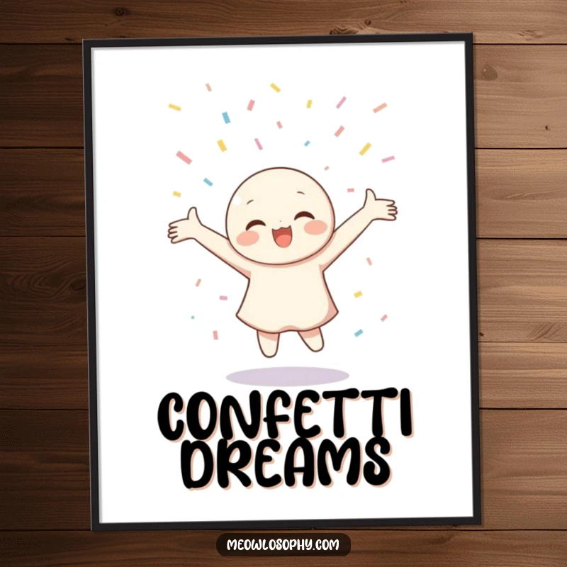 Funny Poster capturing a character in mid-twirl, arms wide open, celebrating under a beautiful, gentle confetti shower.