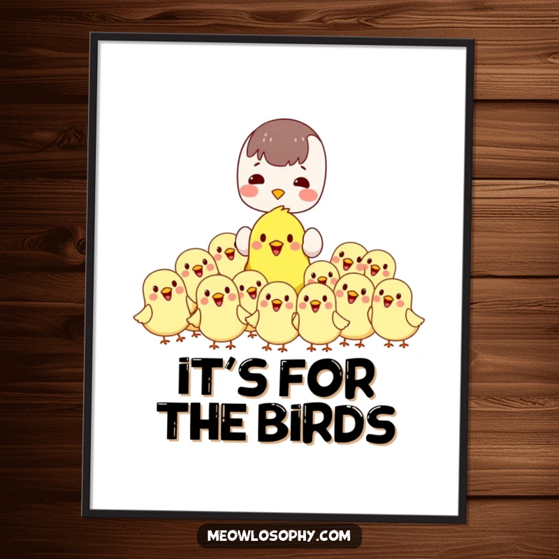 Funny kawaii poster featuring a character feeding a flock of cheerful, plump birds. Adorable wall art for bird lovers.