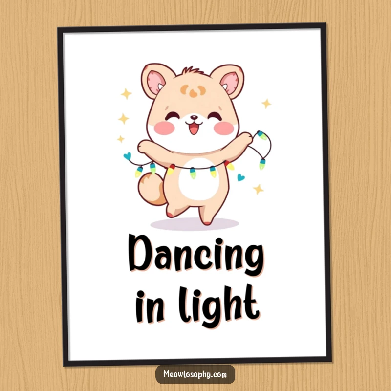 Funny Kawaii Animal Dancer Poster showing a cute character joyfully dancing with a string of fairy lights. Humorous wall art, perfect as a funny gift.