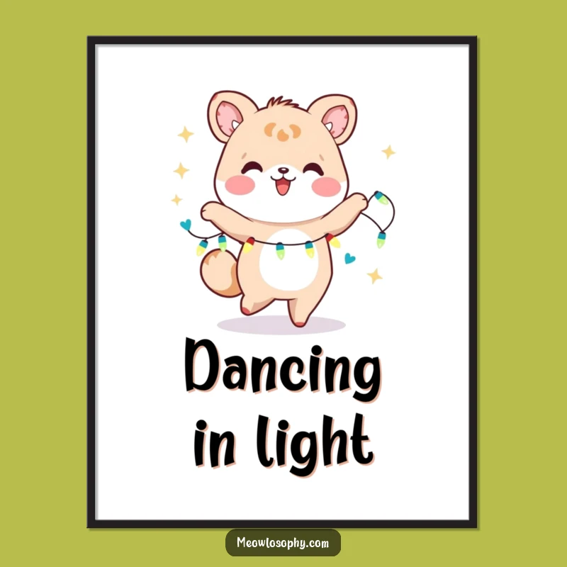 Funny Kawaii Dancer Poster: Joyful Animal with Fairy Lights, Bright Wall Art Gift