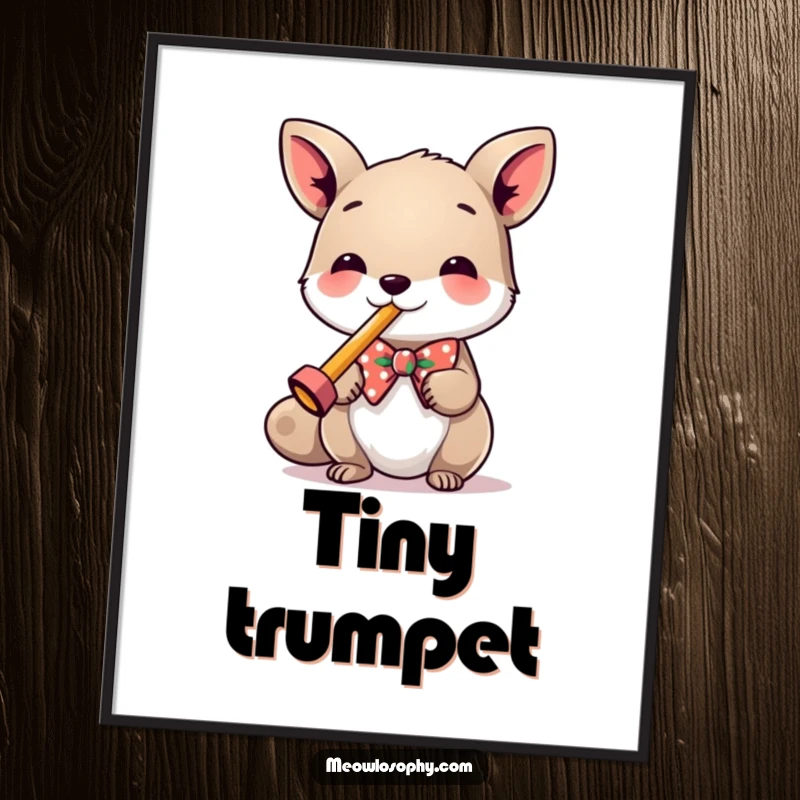 Funny Poster showcasing a cool animal in a festive bowtie, playing a small kazoo, creating a joyful musical scene.