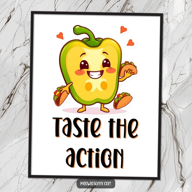 Funny Pepper Poster depicting a grinning bell pepper slice juggling small tacos, festive wall art.