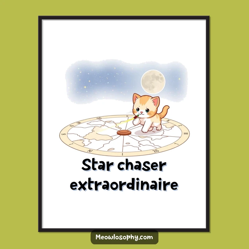 Funny Playful Kitten Poster: Celestial Laser Chase Art, Galactic Wall Decor