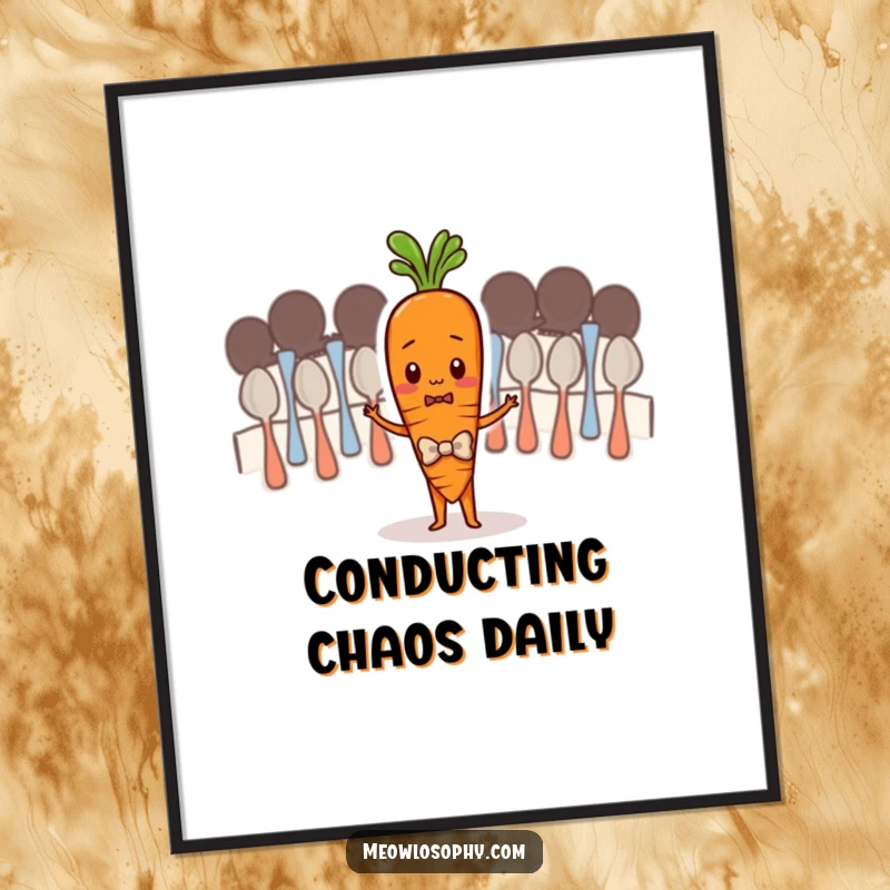 Funny poster showing a shy carrot trying to conduct a spoon orchestra, a humorous and charming piece of wall art for a giggle.