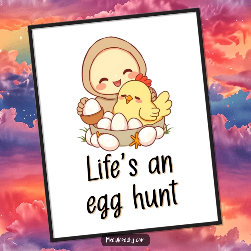 Funny poster of a smiling character collecting eggs from a profoundly sleepy, cartoonish chicken. Farm-themed humorous wall art.