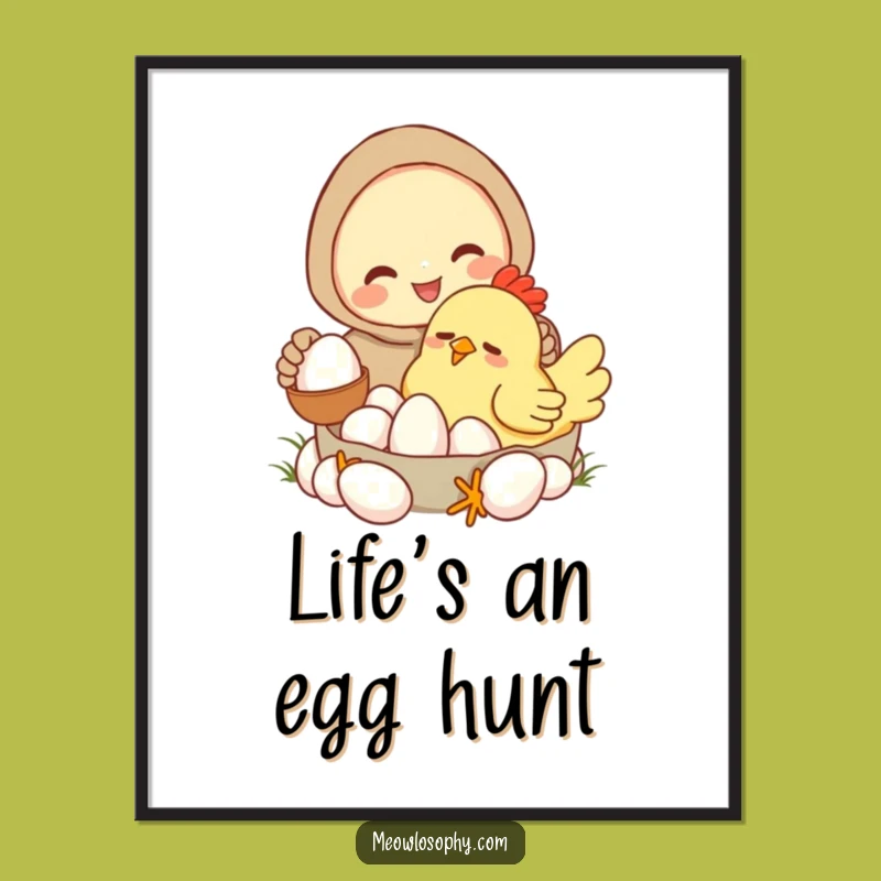 Funny Sleepy Chicken Art Poster: Hilarious Cartoon Egg Collecting Wall Decor