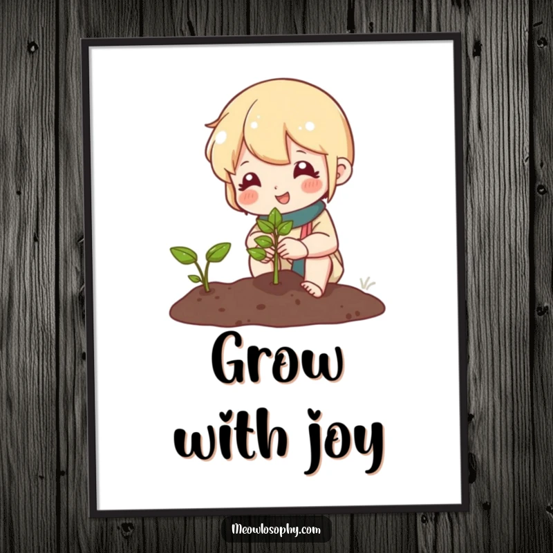 Funny poster of a cute character tending a tiny garden, smiling at a sprouting seed, celebrating growth and peaceful moments.