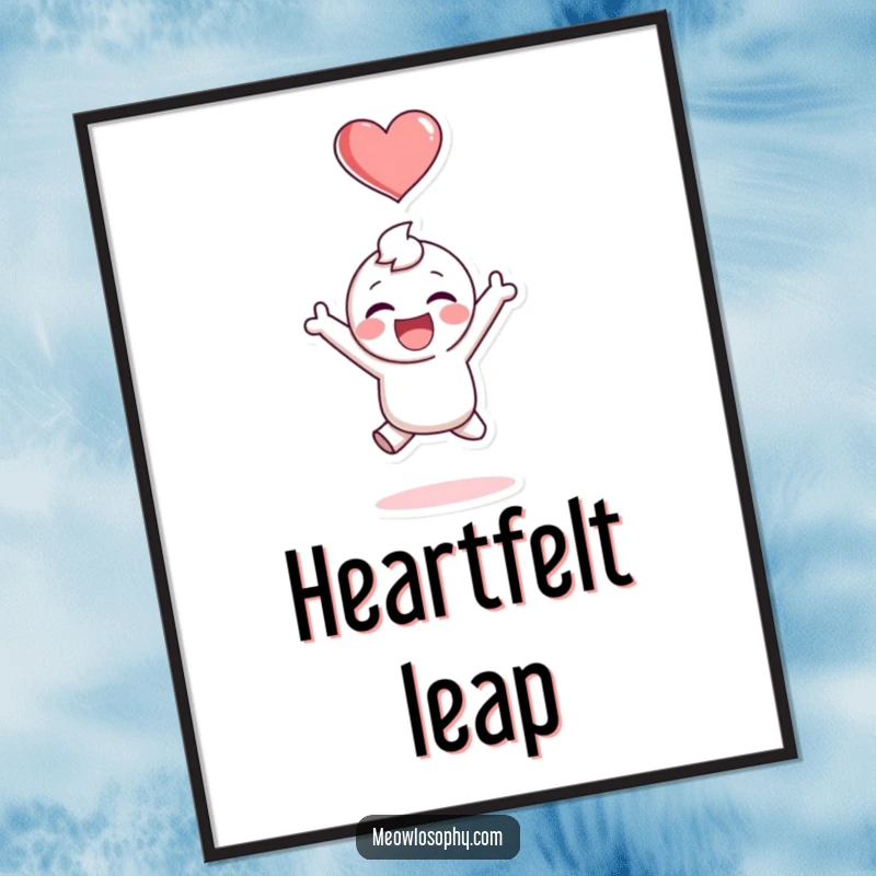 Funny poster print of an adorable character joyfully jumping, with a heart shape hovering overhead, symbolizing pure happiness and fun.