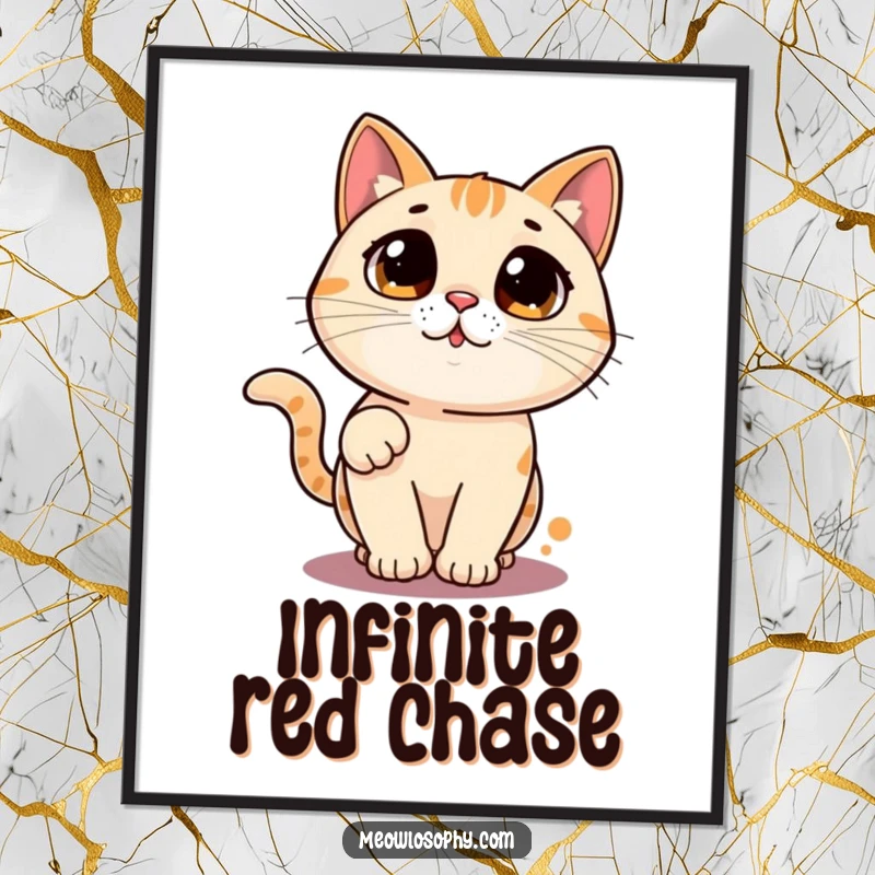 Funny cat poster featuring a wide-eyed character chasing a laser pointer dot in a circle, humorous wall art for cat enthusiasts.