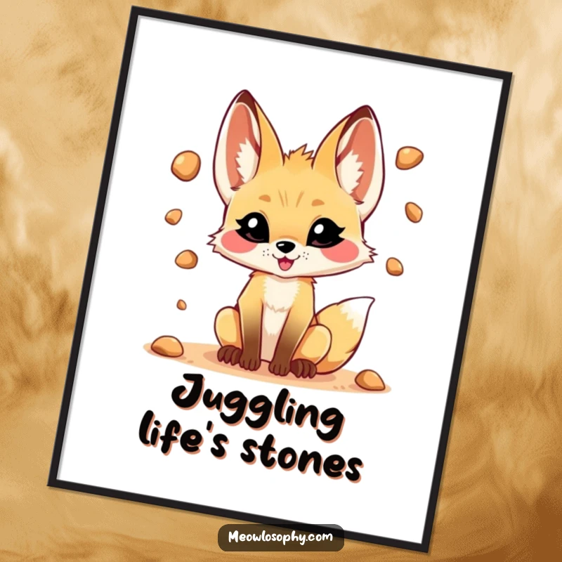 Funny poster print of a mischievous fennec fox juggling desert pebbles, evoking playfulness and fun in decor.