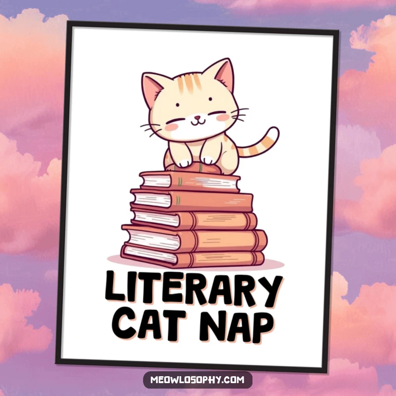 Funny cat poster featuring an adorable character attempting to balance on a stack of ancient books, humorous wall art for readers.