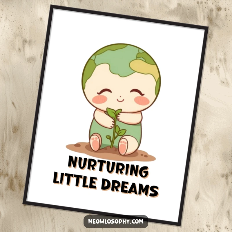 Cute Earth character sharing a gentle hug with a tiny seedling, designed as heartwarming wall art for a humorous, nature-themed room.