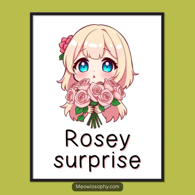 Funny Surprise Poster Art: Hilarious Character Reaction to Sparkly Roses, Perfect Wall Decor