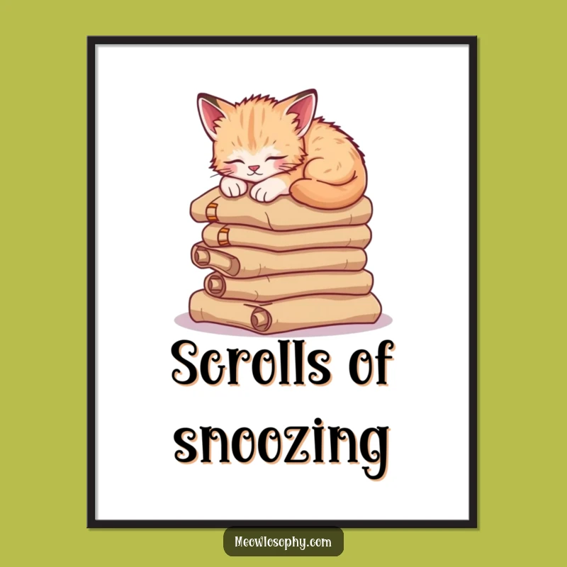 Funny Sleepy Kitten Poster: Ancient Scrolls & Cat Naps, Whimsical Wall Art