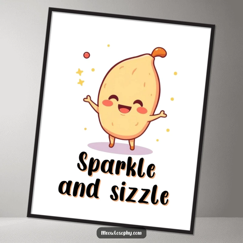 Funny Poster featuring a smiling fajita spice character playfully sprinkling shimmering sparkles, bringing magical, culinary energy to any room.