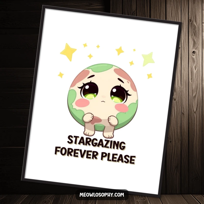 Funny Earth character with wide, sparkling eyes looking up at shooting stars, designed as vibrant wall art for a humorous, celestial room.