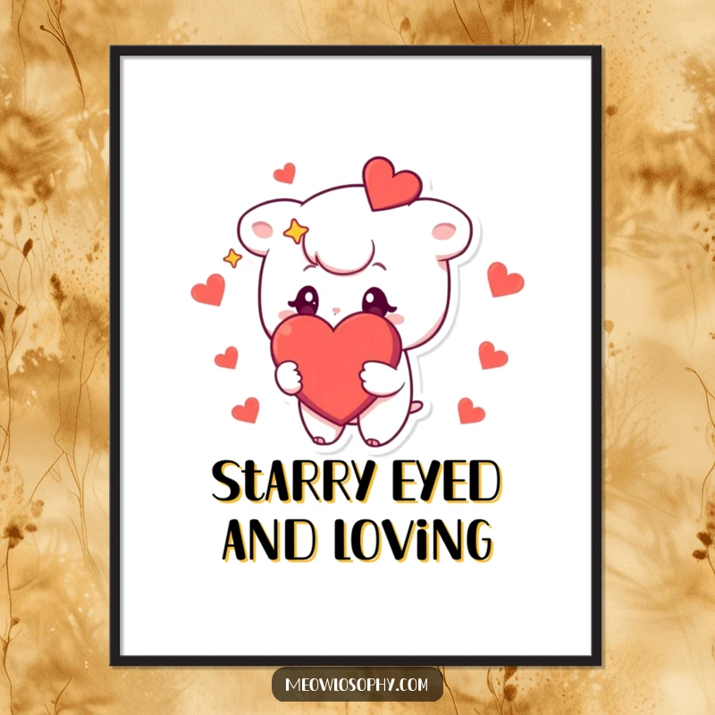 Funny poster of a cute character with stars in its eyes, holding a big, red heart, creating a visually sweet and loving display.