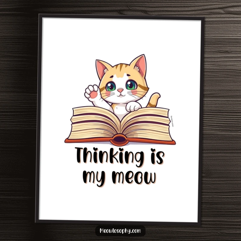 Funny poster featuring a curious cat peeking through a giant book, paw raised in thoughtful consideration.