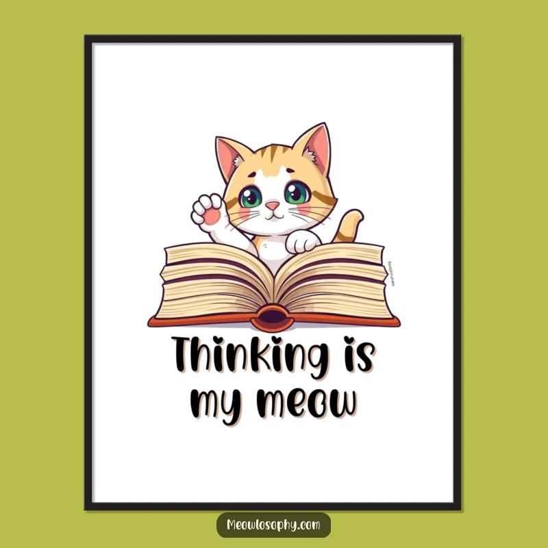 Funny Curious Cat Book Poster - Thoughtful Paw, Literary Art