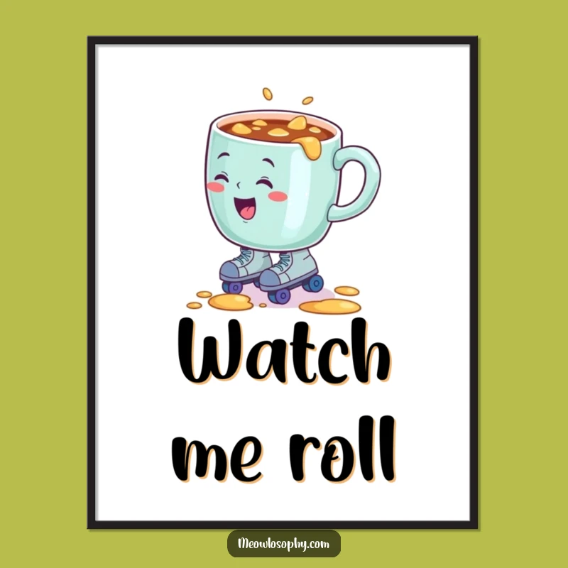 Funny Sentient Coffee Mug Roller Skate Poster, Hilarious Wall Art for Comedic Homes