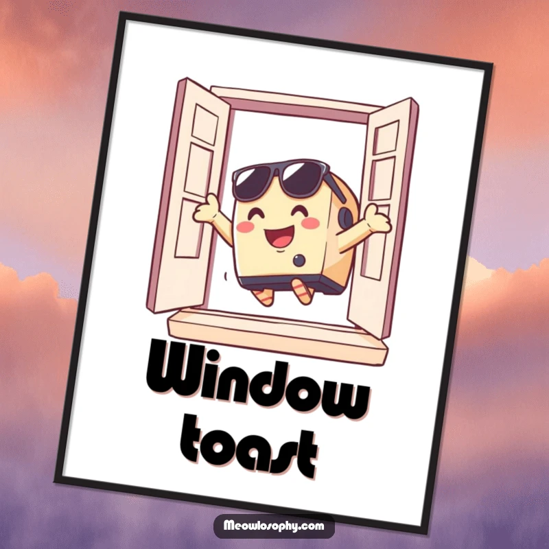 Funny toaster wearing sunglasses dramatically jumping out of a window, presented as a poster, ideal for adding unexpected humor.
