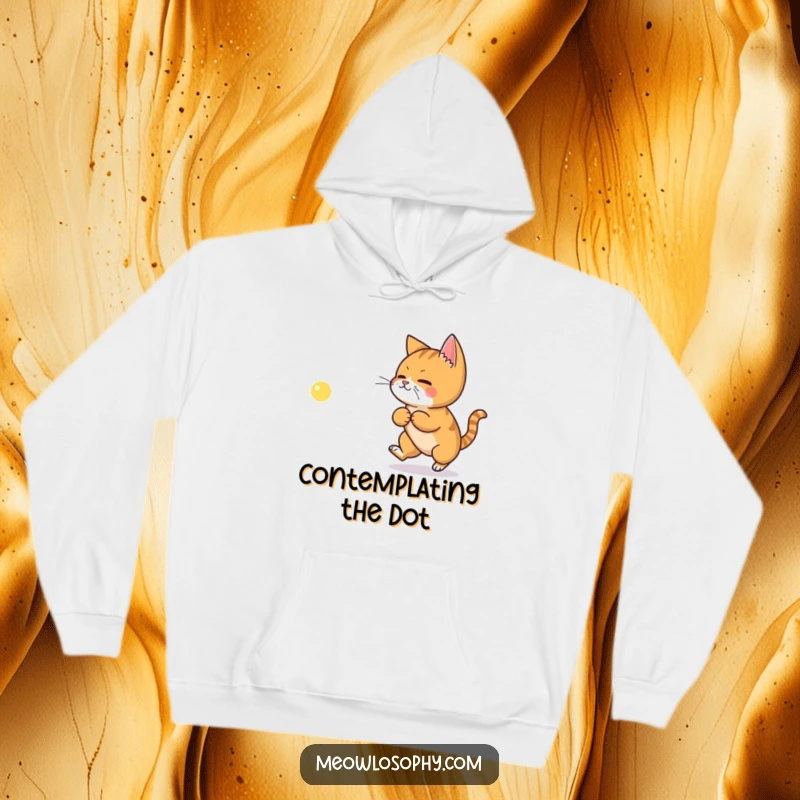 Funny hoodie with a ginger cat focused on a laser dot shaped like a symbol of wisdom, offering warmth.