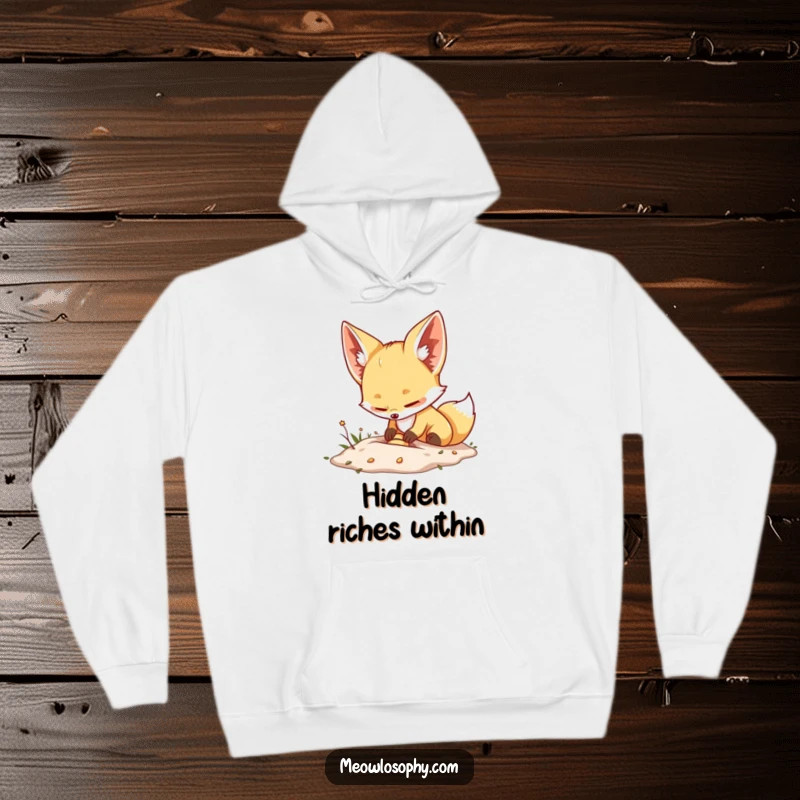 Funny Fennec Fox Hoodie showcases a cute fox with wide eyes, gleefully burying a minuscule treasure, radiating warmth and playful energy.