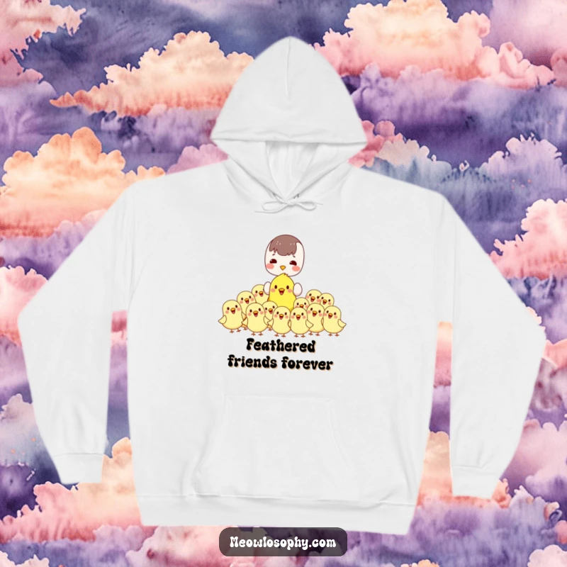 Funny kawaii hoodie showing a character feeding plump, cheerful birds. Warm, cute, and humorous for bird enthusiasts.