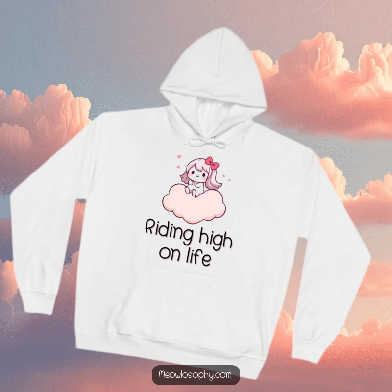 Funny hoodie depicting a kawaii character joyfully riding on a heart-shaped cloud, perfect for cozy, dreamy wear.