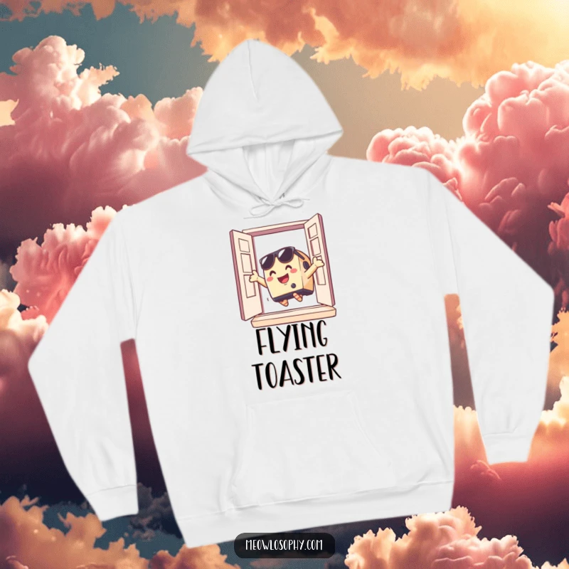 Funny toaster wearing sunglasses jumping out of a window on a cozy hoodie, perfect for warm, quirky, and funny moments.