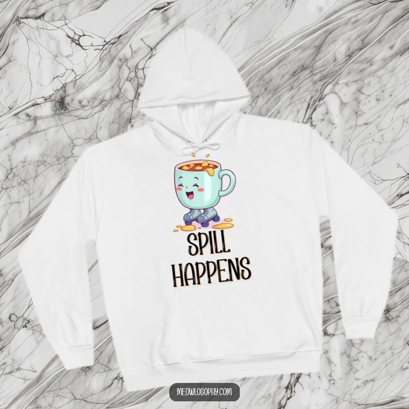Funny hoodie design of a coffee mug comically spilling while wearing roller skates, showing a hilarious accident.